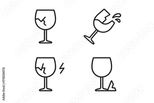 Broken wine glass line icon collection. Minimalist pictogram set. Fragile warning sign, shattered glassware. Handle with care symbol for delivery, shipping. Vector damage.