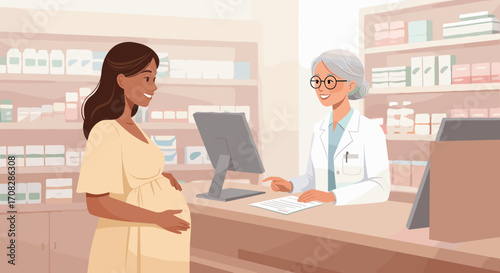 Pregnant woman consulting with pharmacist in drugstore setting  