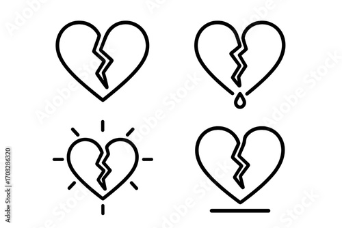 Broken heart line icon collection. Vector symbols for heartbreak, divorce, sadness, pain. Outline pictogram for graphic design, web, app, ui, ux. Emotional concept.