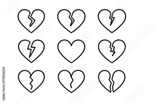 Broken heart icon collection. Linear heartbreak and divorce symbols. Sad love, relationship crisis concept. Minimalist outline vector signs for UI, UX, web, and app design.