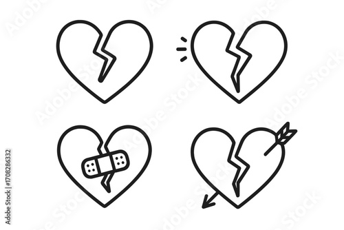 Broken heart icon set. Heartbreak, love, pain, and healing concepts. Modern outline style vector icons with arrow and bandage. For divorce, sadness, relationship crisis design.