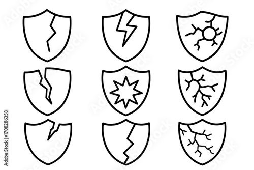 Broken shield line icon set. Metaphor for vulnerability, security failure, data breach, and risk. Unprotected, weak defense, and danger concept vector illustration.