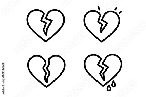 Broken heart icon set. Vector line art symbols of heartbreak, sadness, and loss. Modern outline illustration for design, apps, social media. Relationship problem, divorce, pain concept.