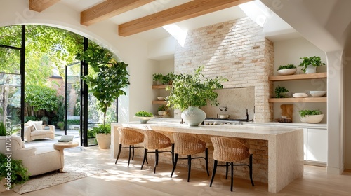 Mediterranean-style kitchen with a terracotta-tiled counter bar, wrought-iron dining chairs, ceramic bowls, and herb planters