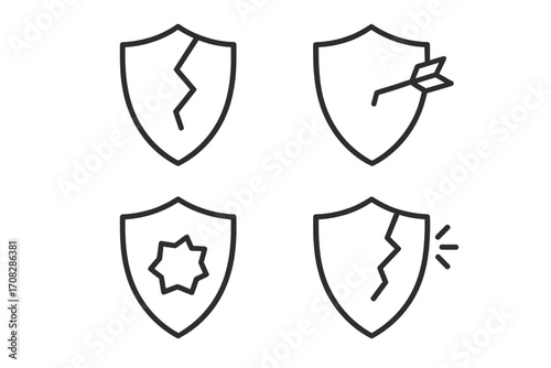 Broken shield line icon set. Security risk and vulnerability concept. Unsafe defense and protection failure. Hacked system or data breach metaphor. Cracked and damaged signs.