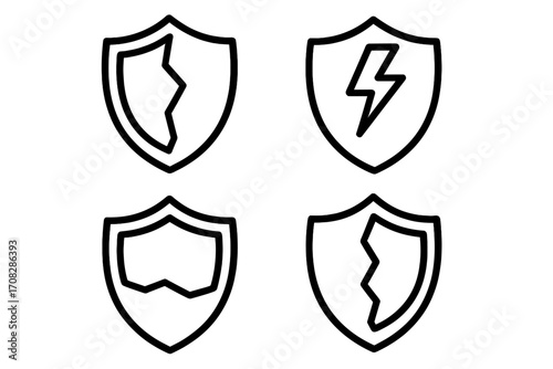 Broken shield line icon set. Concepts of vulnerability, risk, data breach, and system failure. Vector outline symbols for cybersecurity, protection, antivirus, web, and apps.