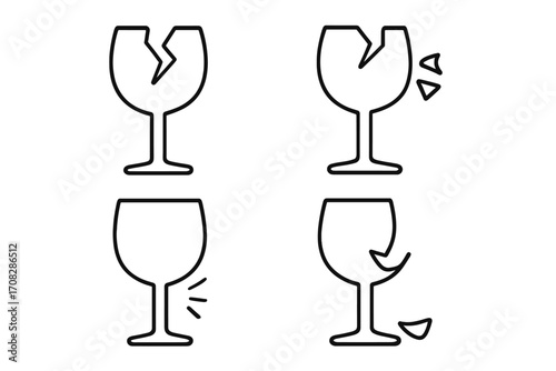 Broken wine glass line icon set. Fragile glassware symbol collection. Cracked and shattered alcohol glass pictogram. Vector illustration concept for damage, accident, warning.