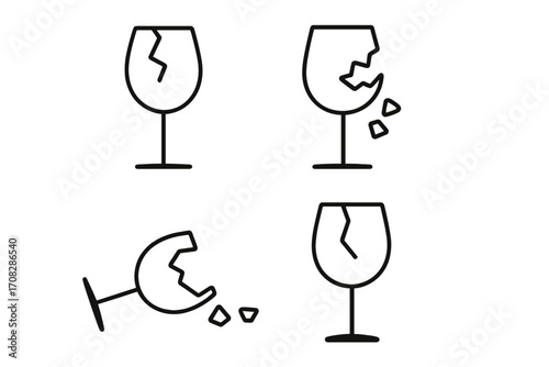 Broken wine glass line icon set for web and graphic design. Minimalist vector pictogram of shattered, cracked, and fragile glassware. Concept of accident, damage, or warning.