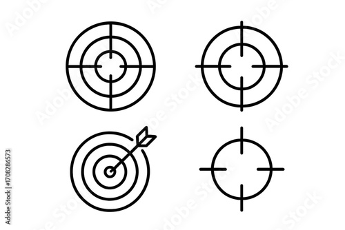 Aim and target line icon pack for business goals and marketing strategy. Vector outline signs for graphic and web design, apps. Bullseye with arrow for success concept.