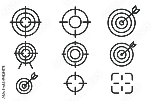 Target and aim line icon set. Business goal and success concept. Bullseye with arrow, crosshair, and focus symbols for marketing strategy, web, and graphic design.