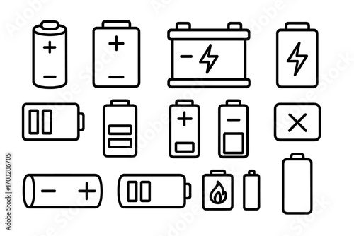 Battery icon set line art collection. Vector outline symbols of various batteries, charge levels, and power indicators. Energy, accumulator, and electricity signs for web.
