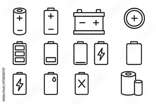 Battery line icon set. Power and energy symbol collection. Vector outline accumulator, charge level indicator, full and empty status. For mobile app, UI, web design. Car battery.