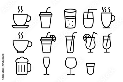 Beverage and drink line icon set. Simple outline cup and glass signs for graphic design, web, apps. Vector illustration of coffee, tea, soda, juice, cocktail, beer, wine.
