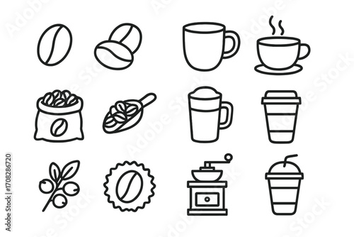 Coffee line icon set. Vector outline symbols for cafe menu, web design, apps. Includes coffee bean, cup, mug, grinder, latte, espresso, takeaway cup, plant. Barista pack.