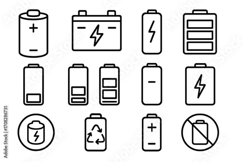 Battery icon set. Power energy and charge level outline symbols collection. Full, low, empty status. Accumulator, car battery, recycle signs for web and app design. Vector.