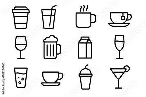 Beverage line icon set. Drink outline symbols for web and graphic design. Coffee, tea, beer, wine, cocktail, milk, soda icons. Vector pictogram collection for menu, app, UI.