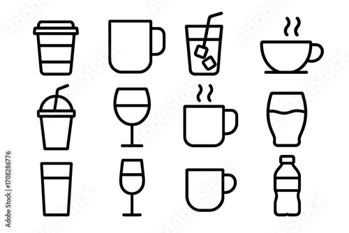 Beverage and drink line icon set. Collection of simple outline symbols. Coffee cup, tea mug, wine glass, beer, soda, water bottle. Vector pictogram for web, app, menu design.