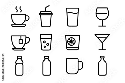 Beverage line icon collection. Cup outline signs for graphic and web design. Vector drink symbols for apps, adverts. Coffee, tea, soda, juice, water, wine, cocktail icons.