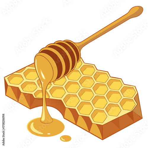 Sweet honey dripping from wooden dipper on honeycomb, natural organic food illustration perfect for beekeeping, healthy lifestyle and kitchen design