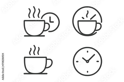 Coffee break line icon collection. Coffee time outline sign. Cup and clock symbol for web design, app, UI, UX. Hot drink, tea break pictogram set. Minimal vector logo.
