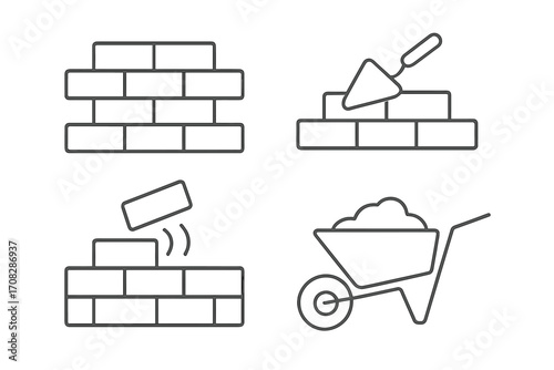 Bricklaying construction icon set. Masonry and building process symbols. Vector outline collection with brick wall, trowel, and wheelbarrow for web and app design.