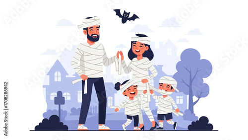 Halloween Mummy Family: A whimsical illustration capturing a family of four, all dressed up as mummies, ready to celebrate Halloween, bringing joy to the season with their playful costumes.