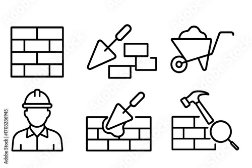 Brick wall construction icon set. Masonry, building, and repair concepts. Vector line icons of bricklayer, trowel, cement, worker, hammer, and wheelbarrow for web design.