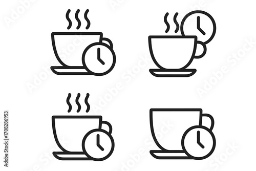 Coffee break line icon pack. Tea time, clock and hot drink outline signs for web design, apps and ads. Vector concept illustration for cafe, office pause, morning routine.
