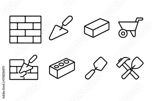 Bricklaying and construction line icon set. Masonry tools, brick wall, trowel, wheelbarrow, hammer, and shovel vector icons. Editable stroke for web and app design.