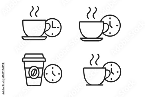 Coffee break line icon set. Coffee cup and clock outline vector signs. Concept for coffee time, office break, cafe menu. Hot drink symbol for graphic design, web, apps.