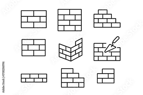 Brick wall line icon set. Building construction symbols. Masonry and brickwork concept. House repair and renovation. Outline vector signs for web design, apps, ads. Trowel tool.