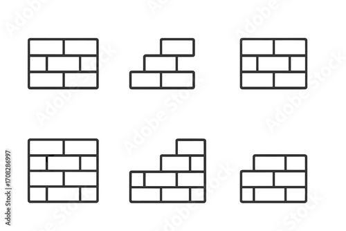 Brick wall line icon set. Building and construction outline symbols for graphic and web design. Minimalist vector pictogram pack for apps, UI, UX, and branding materials.