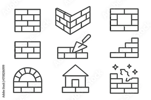Building line icon pack. Construction and brickwork outline symbols. House wall, masonry, trowel, and home repair icons. Vector set for web design, apps, and graphics.