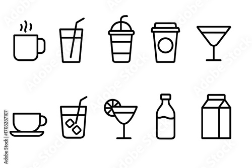 Beverage and drink line icon set. Vector outline pictograms for cafe menu, bar, web design. Coffee cup, tea, cocktail glass, juice, soda, milk bottle and carton symbols.