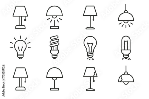 Light and lamp line icon set. Lighting, bulb, and electricity symbols. Vector outline pictogram collection for web design. Includes broken lamps and energy saving bulbs.
