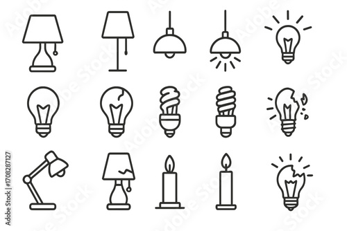 Light line icon set. Lamp, lightbulb, and candle vector outline symbols. Collection for web design. Idea, creativity, electricity, energy saving, broken bulb, power outage concept.