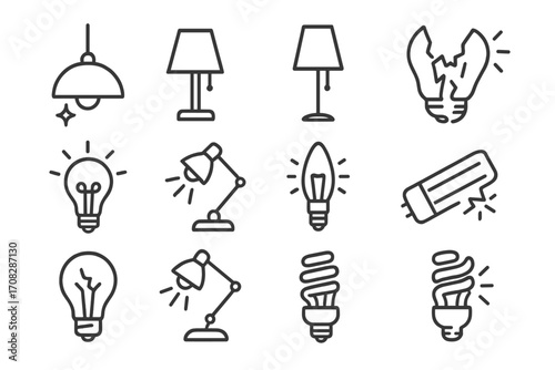 Light and lamp line icon set. Bulb, electricity, and energy saving lamps vector icons. Idea, solution, and broken lightbulb symbols for web design and graphic interface.