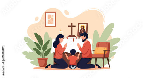Flat style illustration of a family praying together at a home altar with a cross, Bible, candle, and holy images, symbolizing faith, devotion, and Christian spirituality at home
