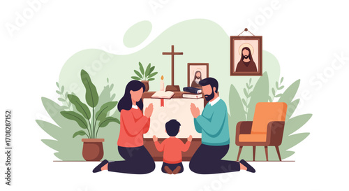 Flat style illustration of a family praying together at a home altar with a cross, Bible, candle, and holy images, symbolizing faith, devotion, and Christian spirituality at home