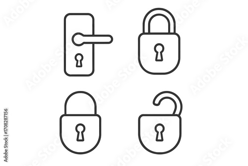 Lock icon set vector. Open, closed padlock, door handle, keyhole outline signs. Security, safety, protection concept for web design, apps, UI, UX graphic elements.