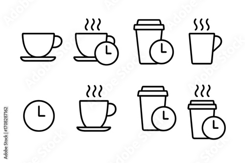 Coffee break line icon set. Coffee and clock outline signs. Tea time vector symbols. Hot drink, mug, cup pictogram. Cafe, office, morning, web design, apps concept.