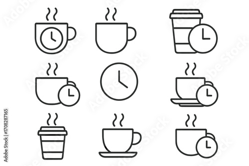 Coffee break time thin line icon set. Office coffee time outline symbol collection. Hot drink mug, clock, steam vector icons for web, app design. Morning caffeine pause signs.
