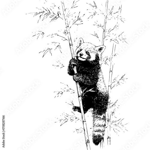 Red panda climbing bamboo illustration cute animal wildlife nature drawing black and white adorable sketch art print