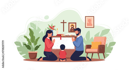 Flat style illustration of a family praying together at a home altar with a cross, Bible, candle, and holy images, symbolizing faith, devotion, and Christian spirituality at home