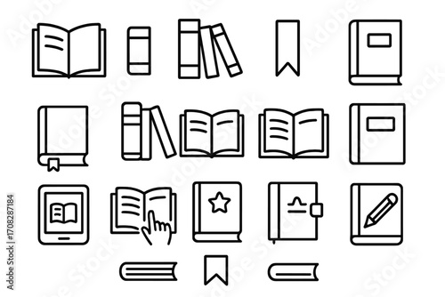 Book line icon set. Reading, library, education signs. Open book, bookmark, diary, ebook reader. Knowledge, study concept. Outline vector illustration for web, app, graphic design.