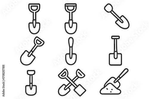 Shovel line icon set. Spade and scoop collection for digging work. Vector graphic symbols for construction, gardening, and web design. Outline tool equipment illustration.