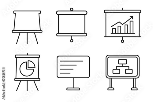 Presentation screen and flip chart line icon set. Business data visualization, statistics, and analysis. Bar graph, pie chart, and flowchart symbols for reports and meetings.