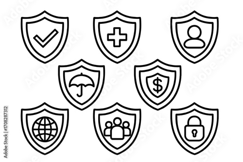 Shield icon set for security, insurance, and protection. Line art collection of vector symbols for health, finance, data privacy, guarantee, safety, and defense concepts.