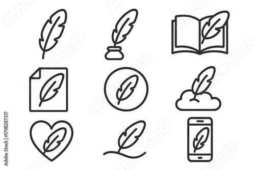 Quill pen writing icon set. Metaphor for literature, poetry, history. Author, storytelling, copywriting concept. Feather, ink, book symbols. Vector for web and app UI.