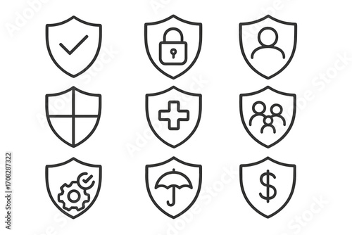 Insurance and protection vector line icon set. Concepts of security, guarantee, safety, defense. Health, family, financial, data privacy, and warranty outline symbols. Shield.